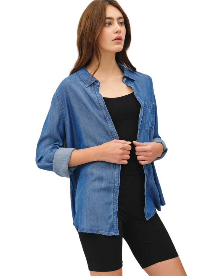 Denim Look Collared Button Top