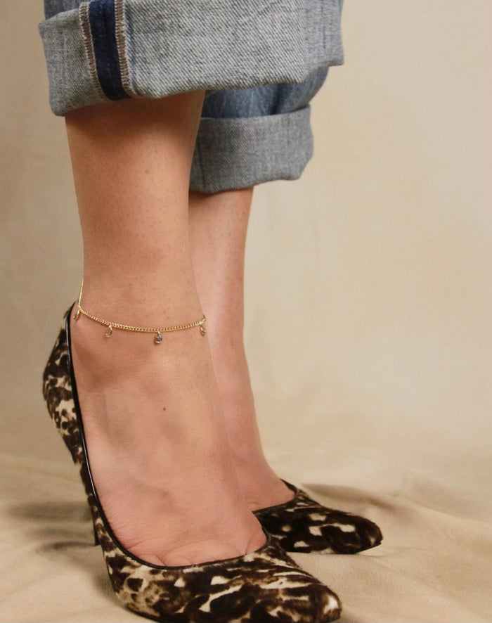 18k Gold Filled 2mm Curb Chain with Bezel Cz Drops Anklet