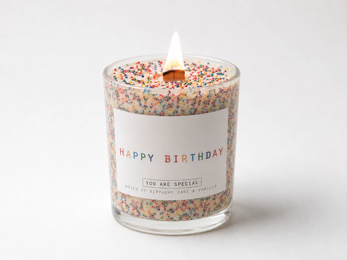 Happy Birthday Sprinkle Wooden Wick Candle