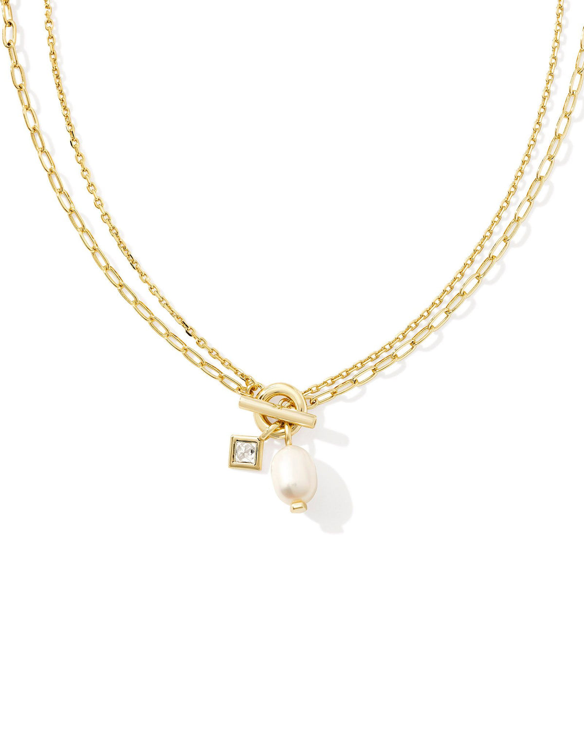 Eve Gold Chain Multi Strand Necklace in White Pearl