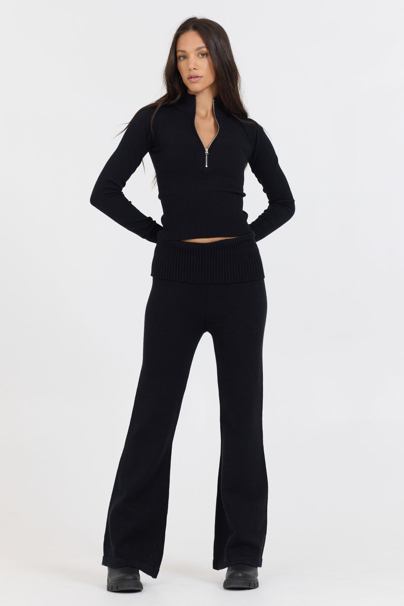 Black Slim Fit Fold Over Flare Pant