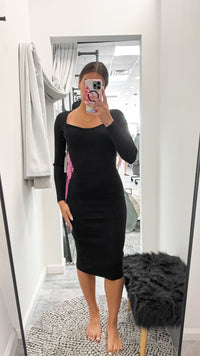 Black Fitted Rib Knit Midi Dress