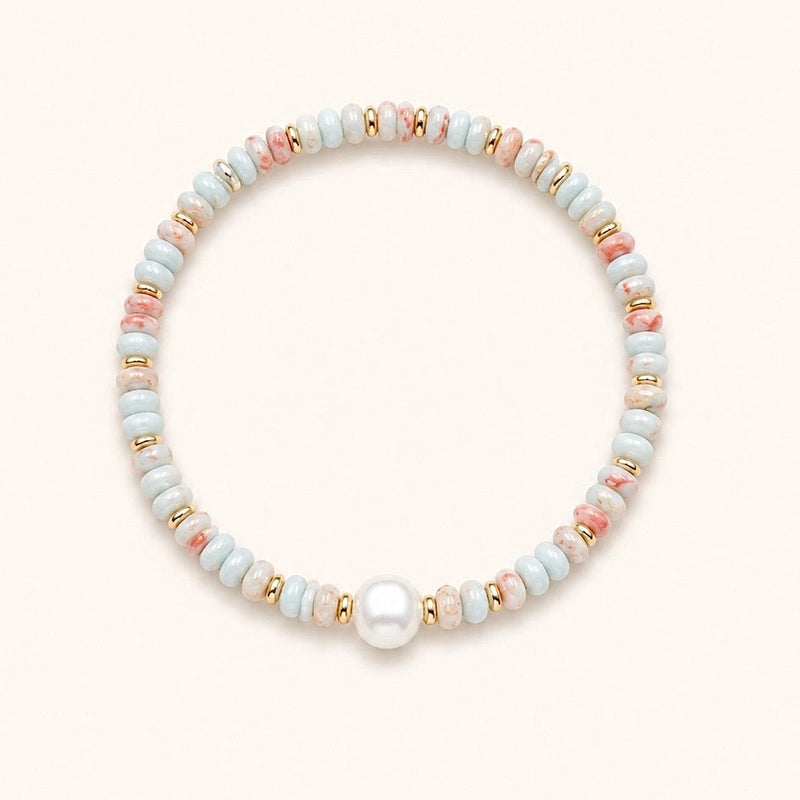 Blue Bead and Pearl Elastic Bracelet