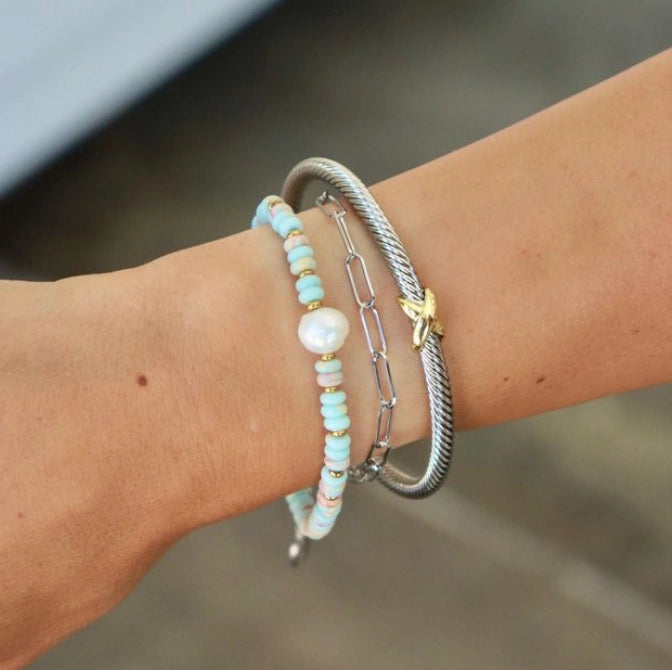 Blue Bead and Pearl Elastic Bracelet
