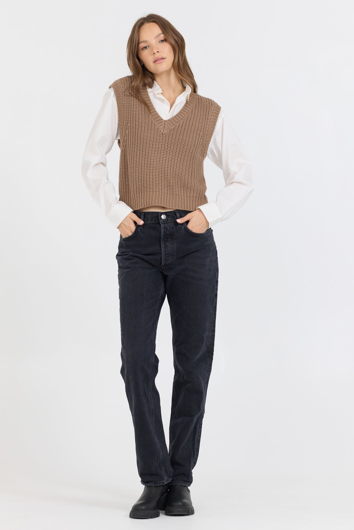 Toffee W White Twoffer Cropped Sweater