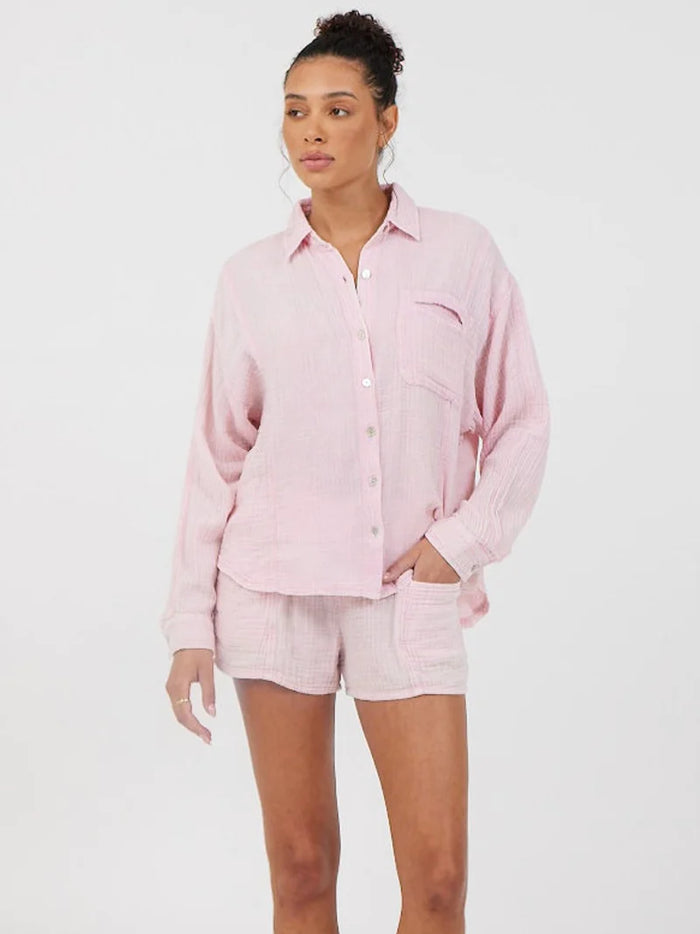 Washed Pink Gauze Button Up