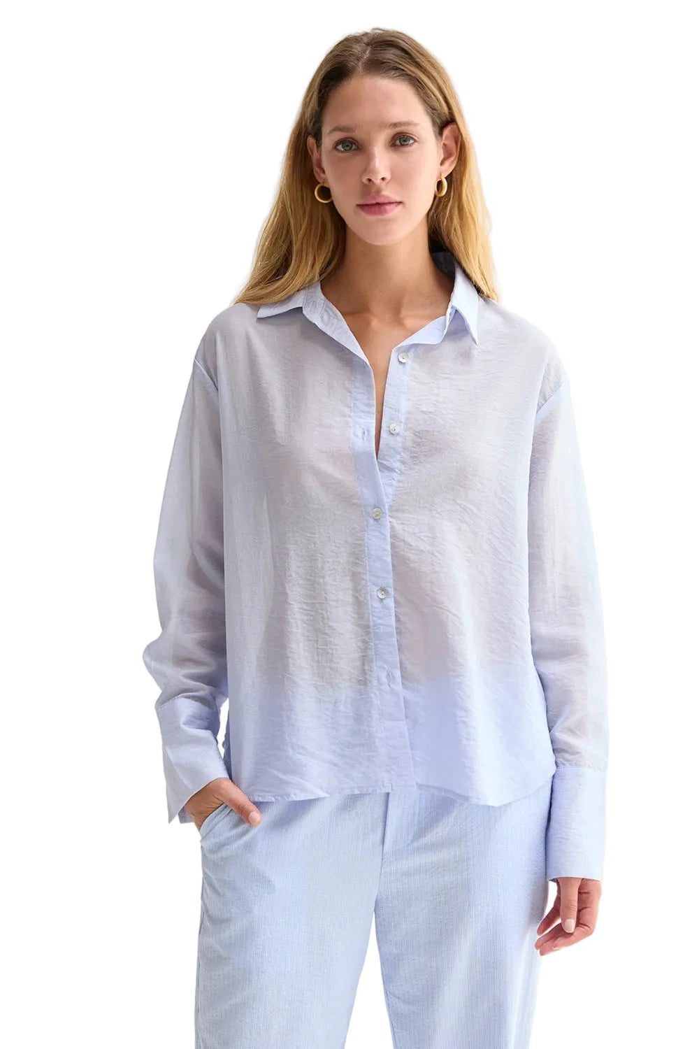 Nadia Tencel Blend Sheer Button Up Blue