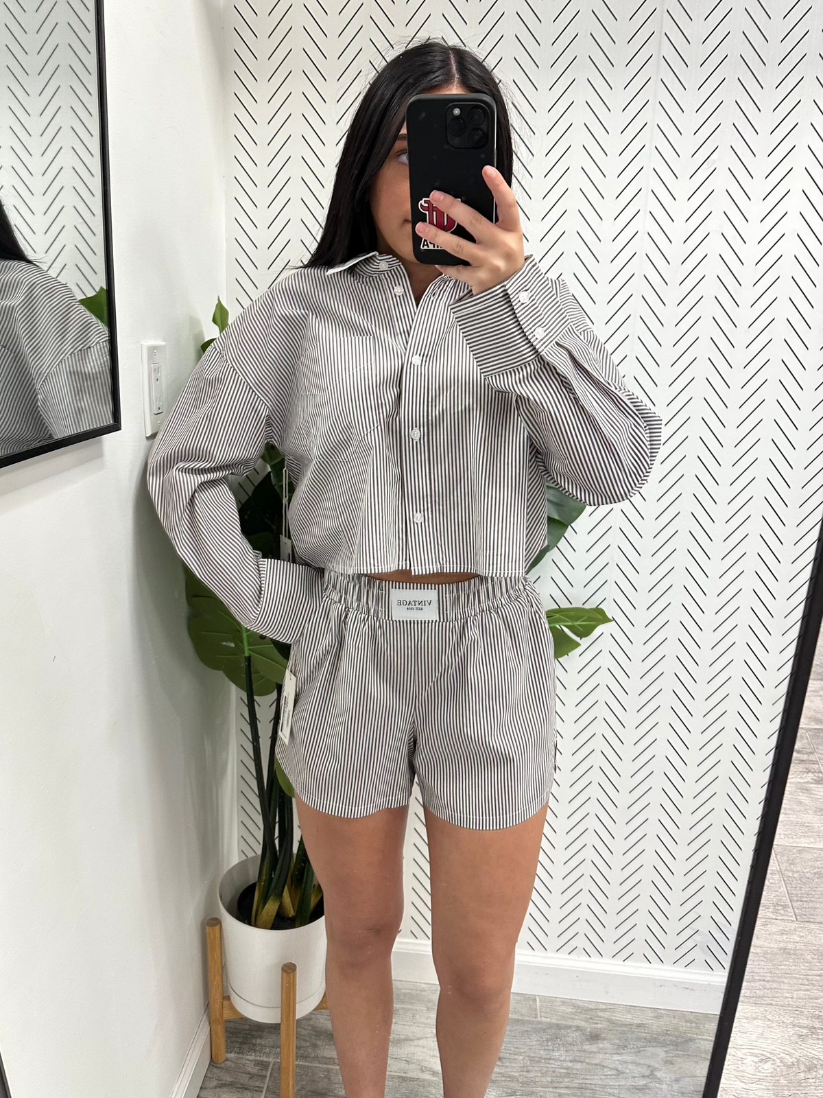 Coffee Stripe Crop Button Up