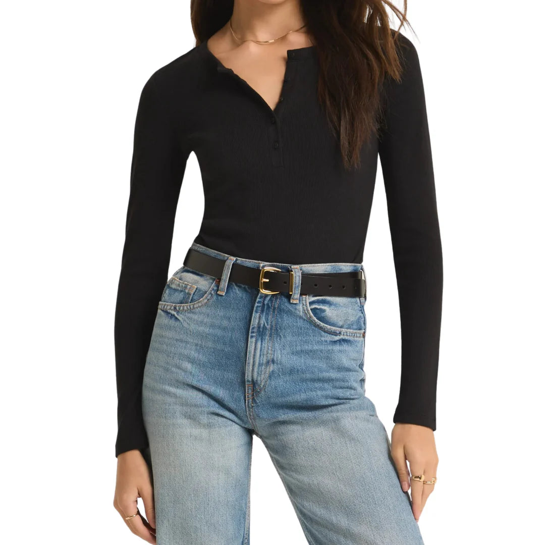 Samara Rib Henley Bodysuit Black Tee