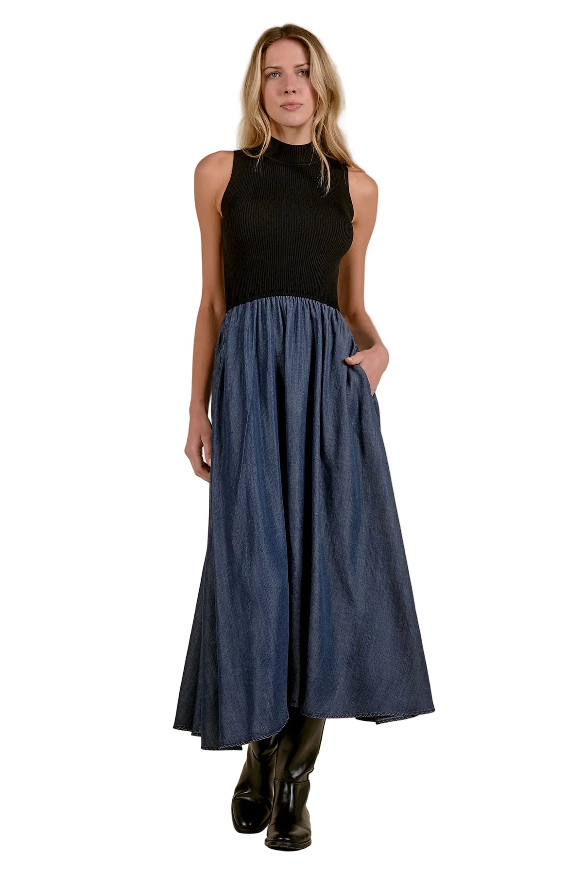 Mock Neck Mixed Media Dress
