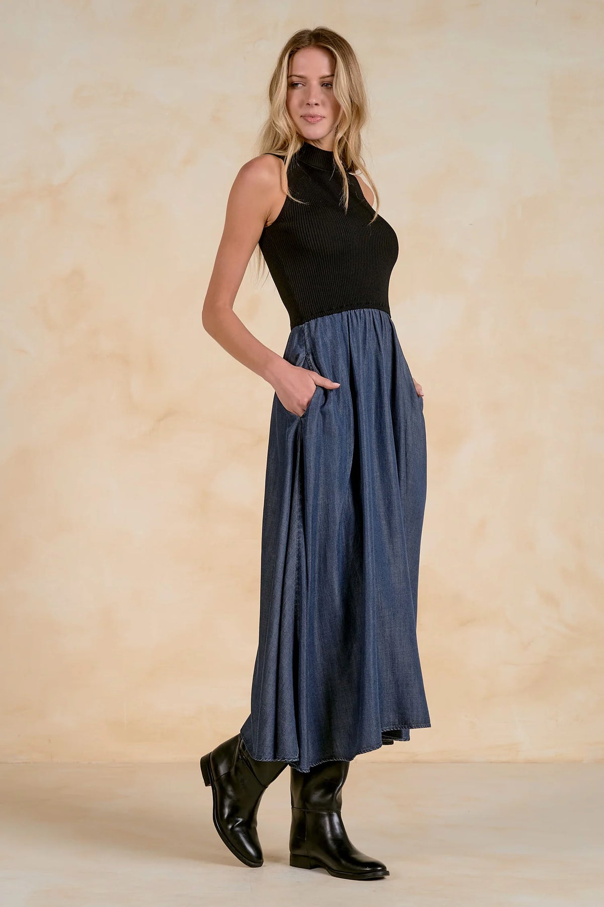 Mock Neck Mixed Media Dress