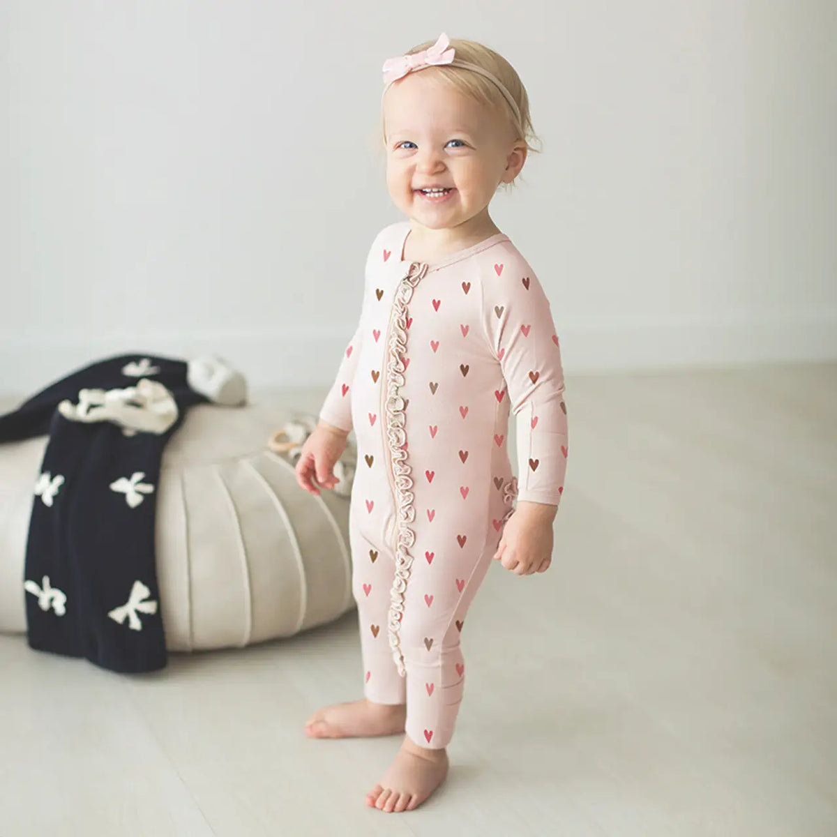 Cozy Romper with Ruffles Mini Hearts