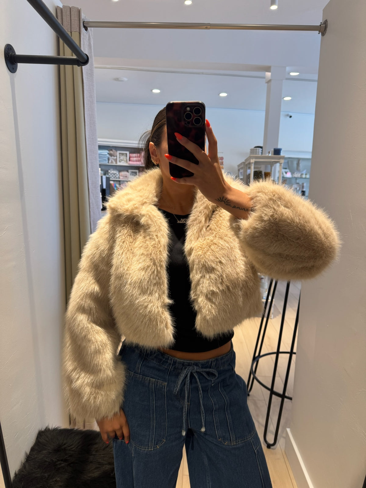 Cream Cropped Fur Jacket