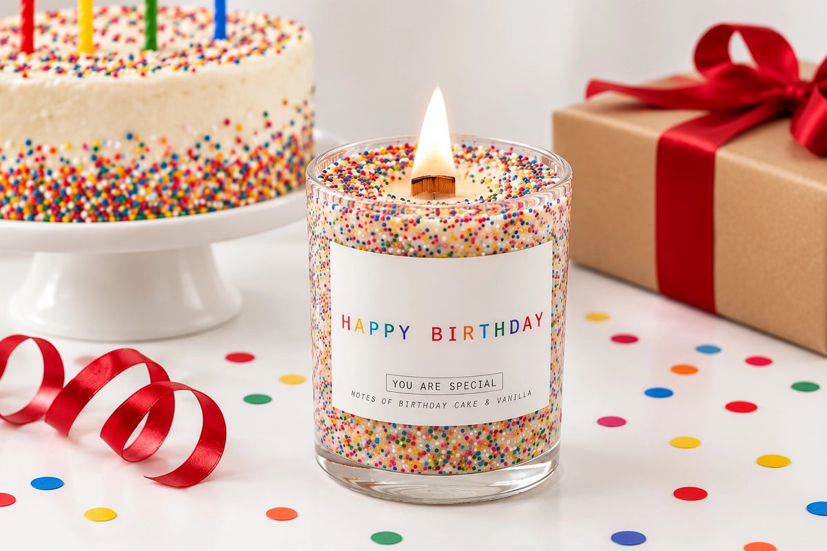 Happy Birthday Sprinkle Wooden Wick Candle