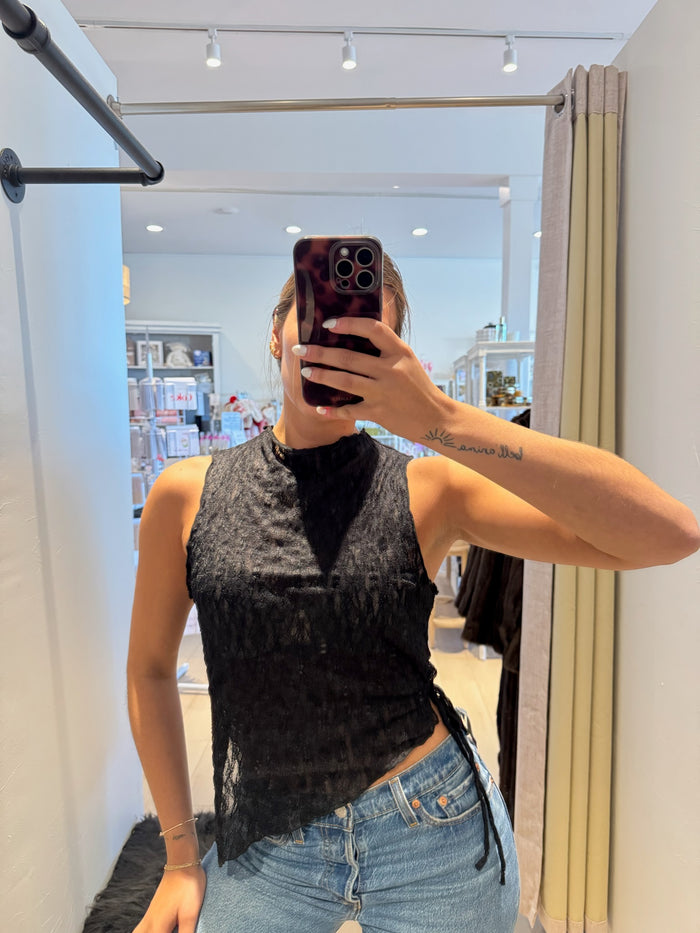 Side Tie Mock Neck Lace Top