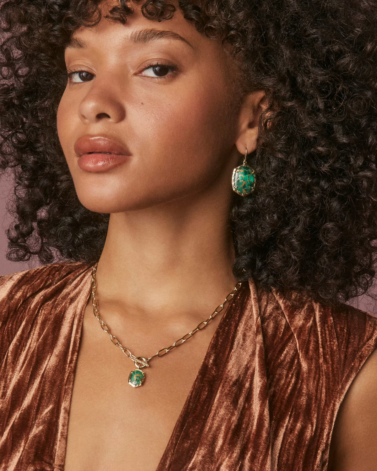 Daphne Link and Chain Necklace Bronze Veined Green Malachite