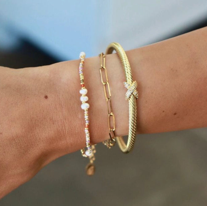Melon Bead and Pearl Elastic Bracelet