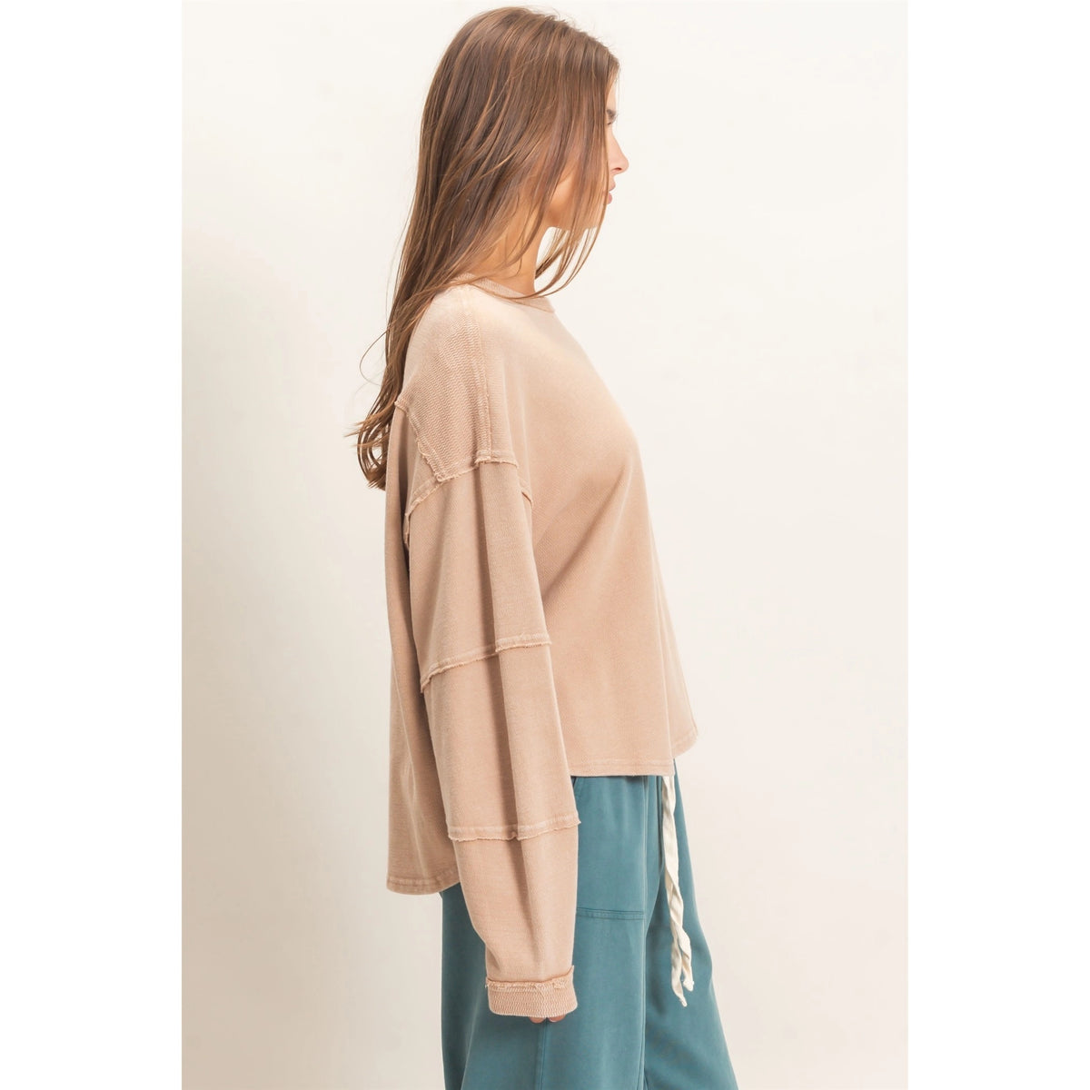 Mineral Wash Overzised Raw Edge Crew Neck Top