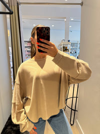 Mineral Wash Overzised Raw Edge Crew Neck Top