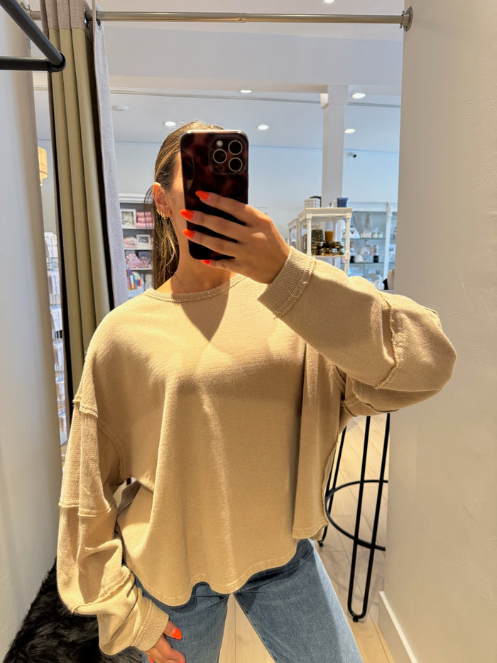 Mineral Wash Overzised Raw Edge Crew Neck Top