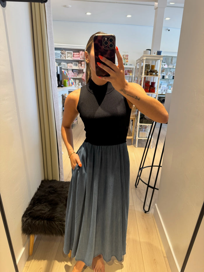 Mock Neck Mixed Media Dress