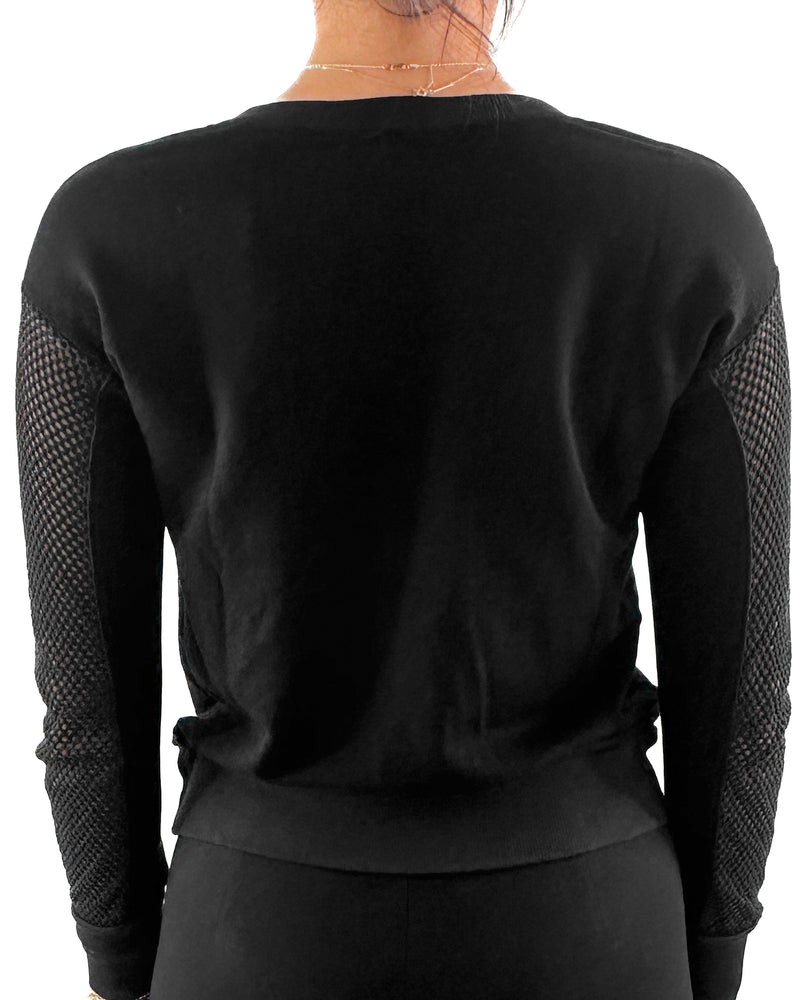 Black V-Neck With Open Knit Sleeve