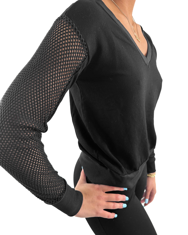 Black V-Neck With Open Knit Sleeve