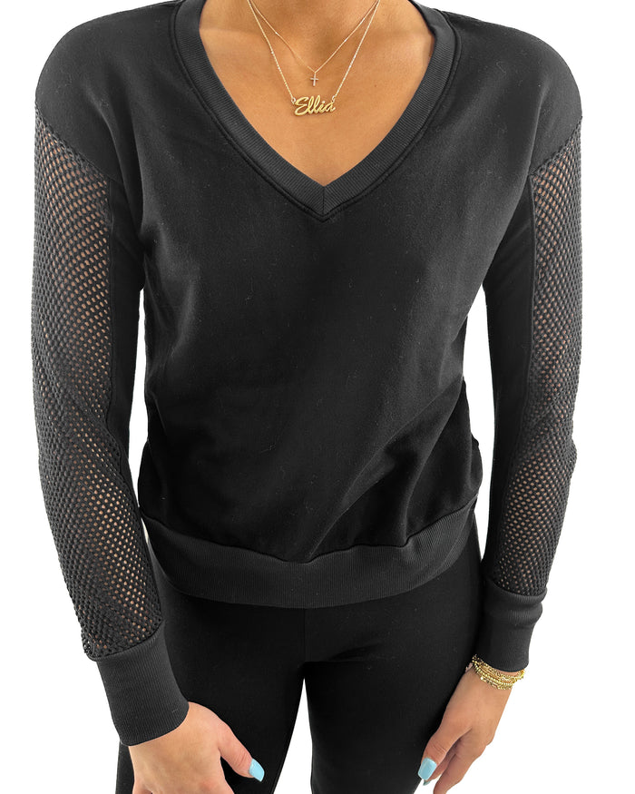 Black V-Neck With Open Knit Sleeve