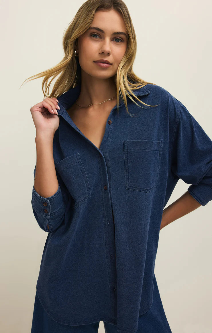 Reese Jersey Denim Button Up Indigo