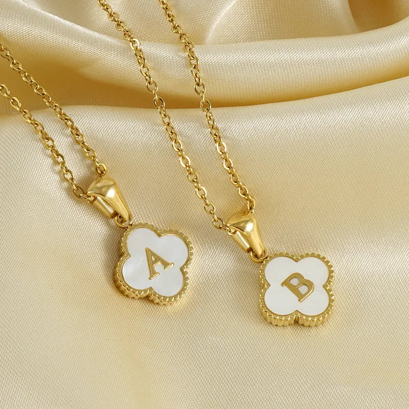 Stainless Steel Clover Initial Necklace