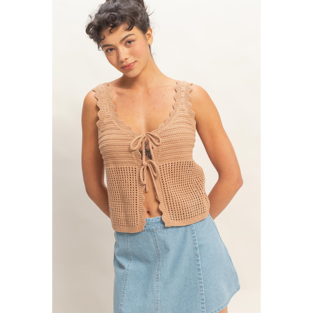 Sleeveless Open Knit Double Tie-Front Vest