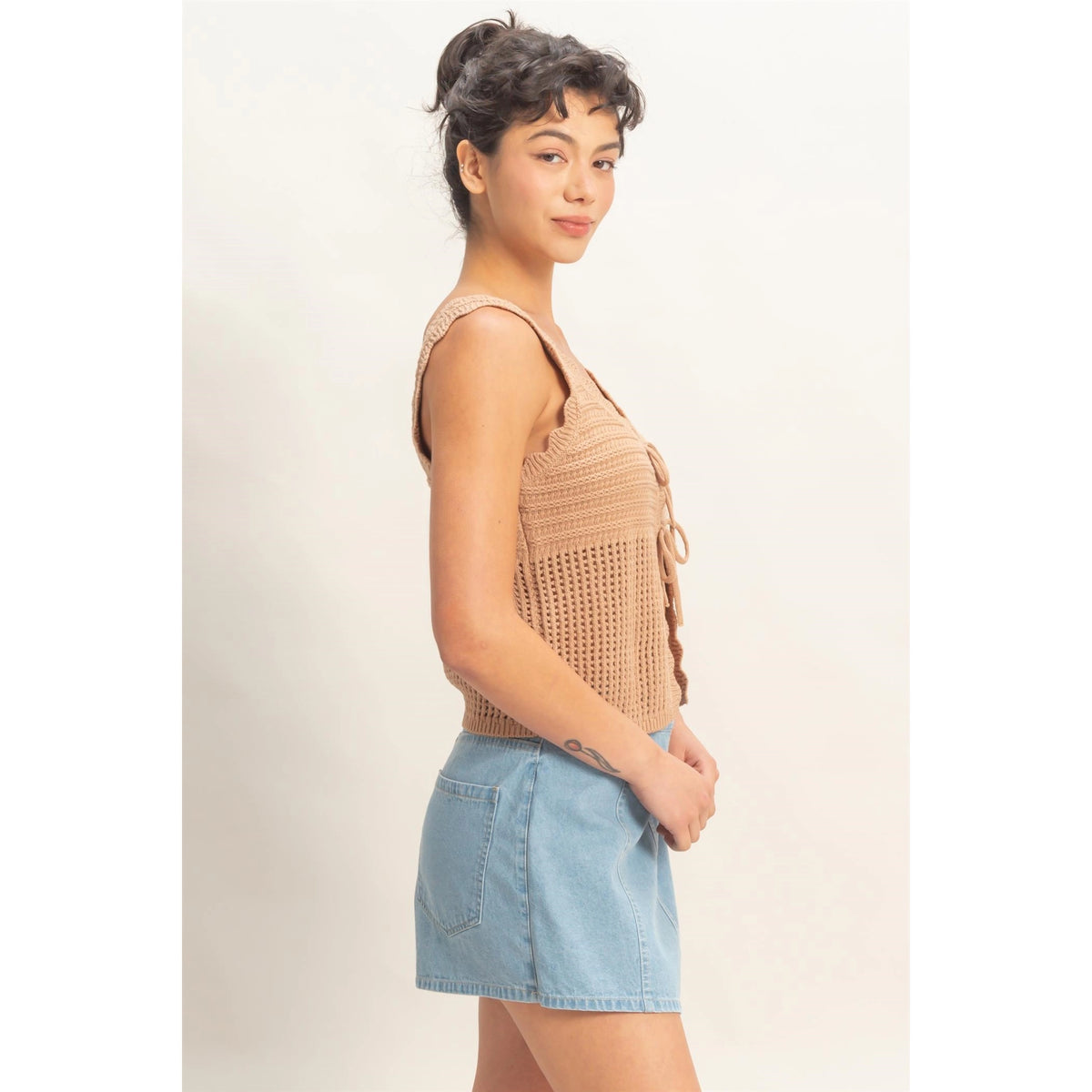 Sleeveless Open Knit Double Tie-Front Vest