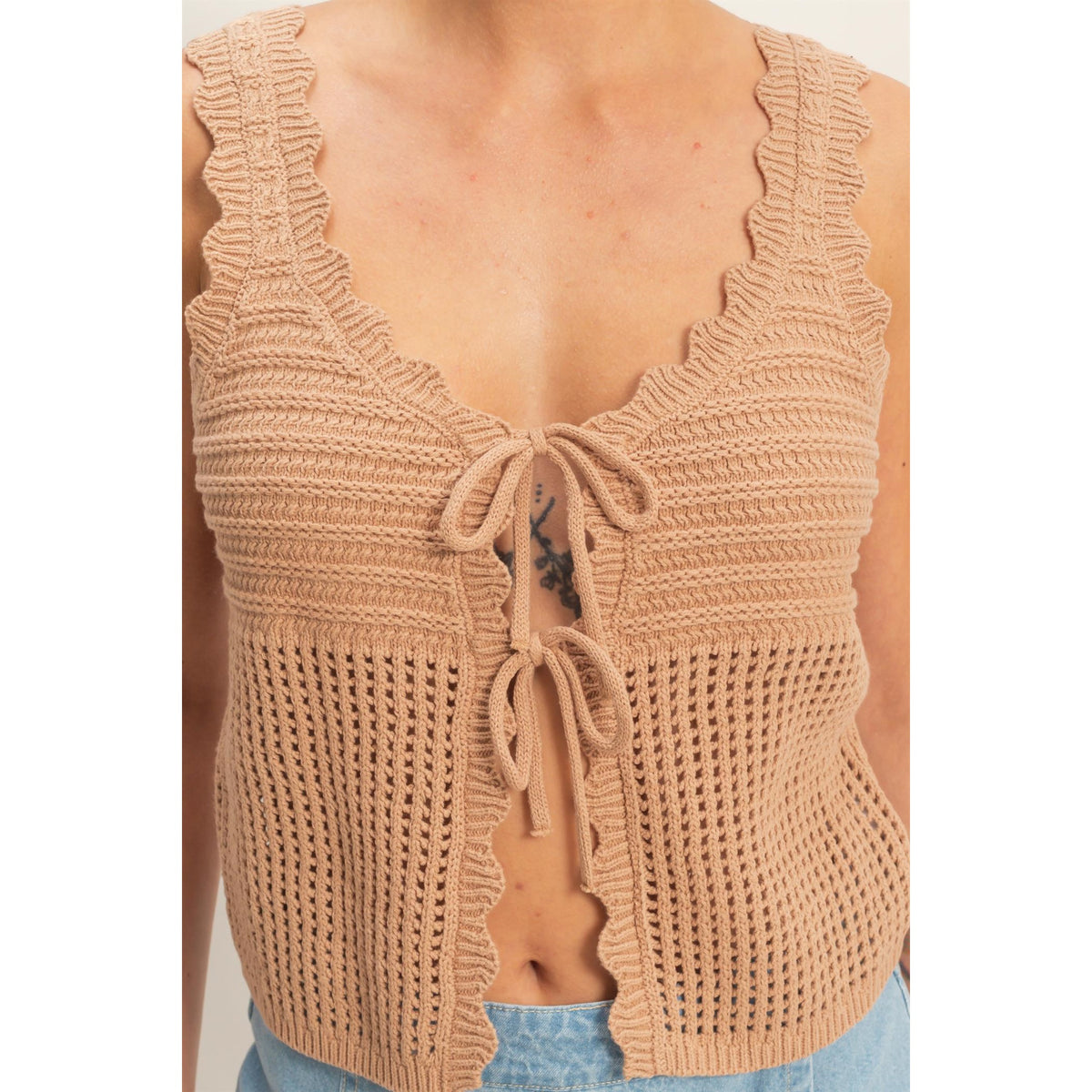 Sleeveless Open Knit Double Tie-Front Vest