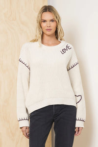 Ivory "Love" Whipstitch Detail Sweater