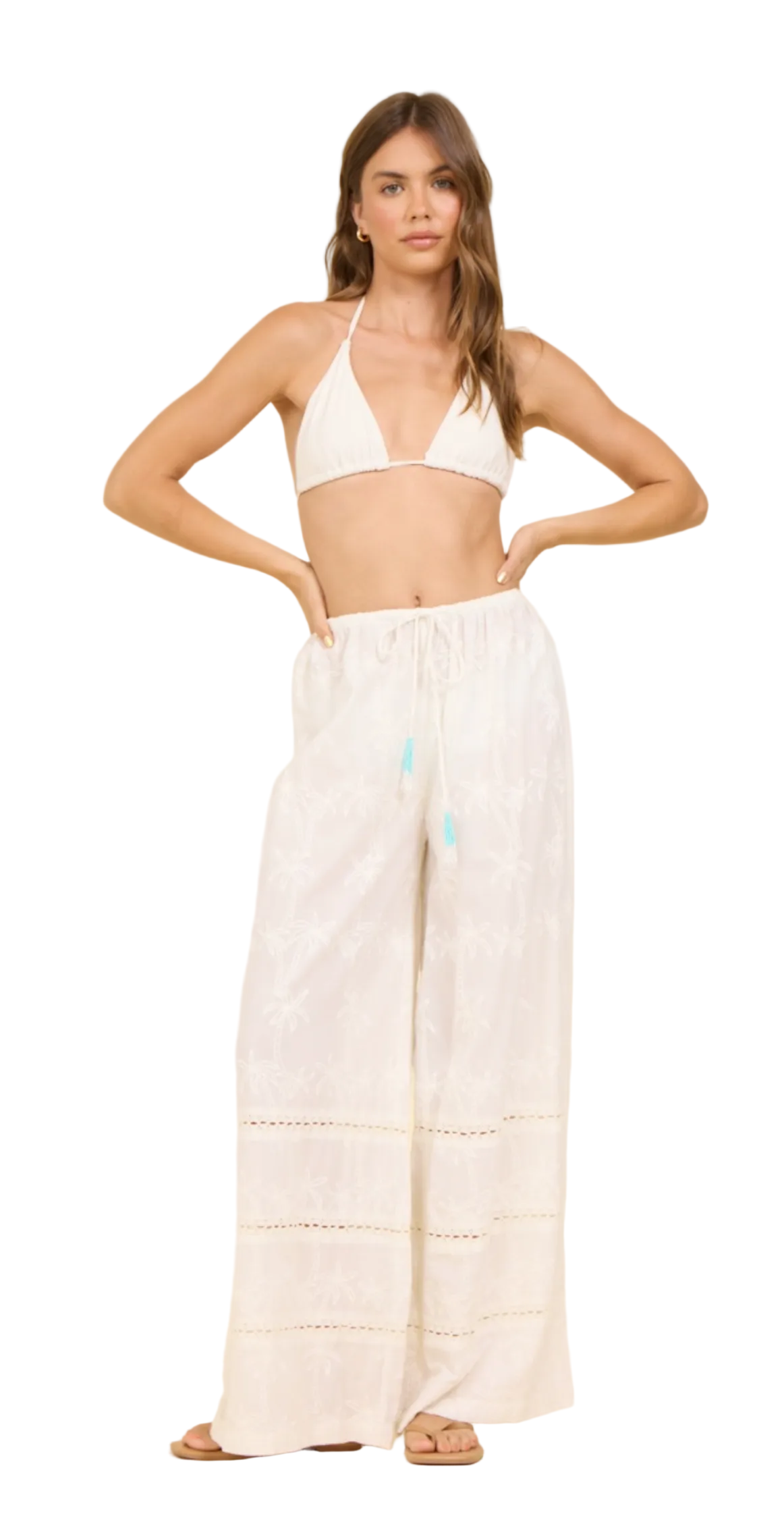 White Palm Eyelet Wide Leg Pants