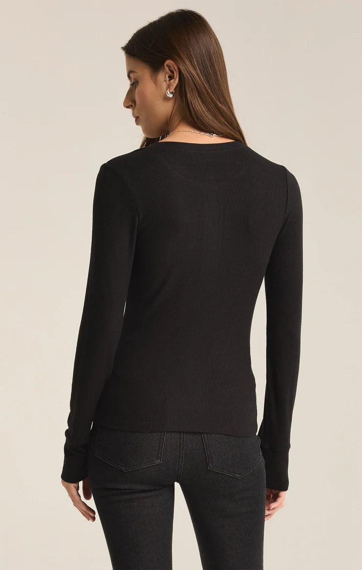 Scarlett Rib Henley Black Long Sleeve Tee