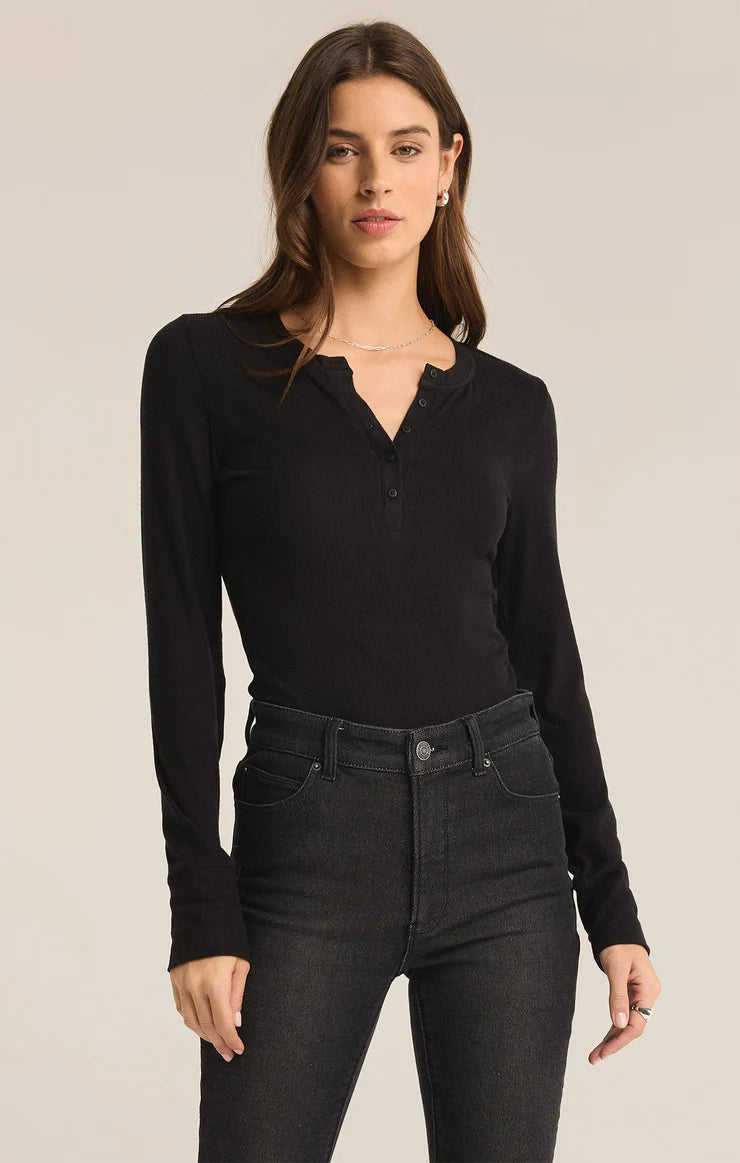 Scarlett Rib Henley Black Long Sleeve Tee