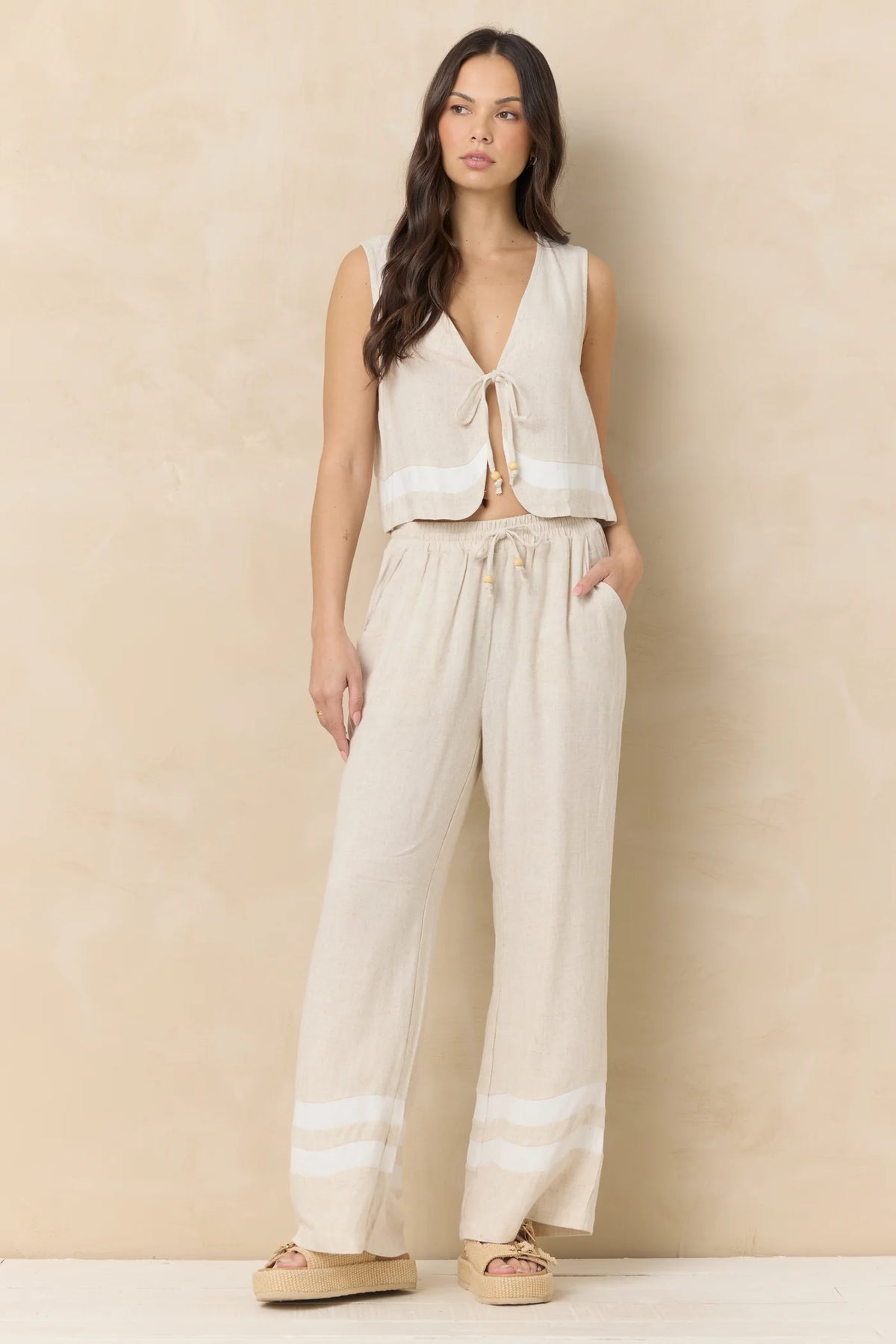 Oat Linen Blend Tie Front Top